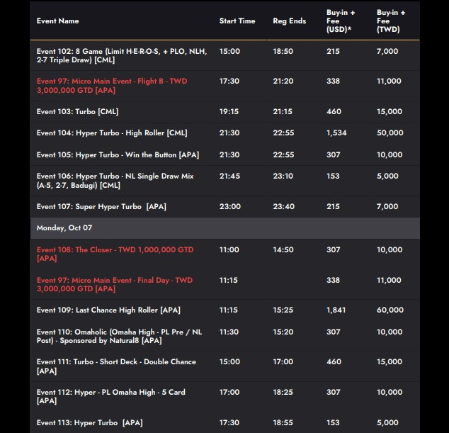 APT 타이베이 포커 클래식 9/27~10/7 2024