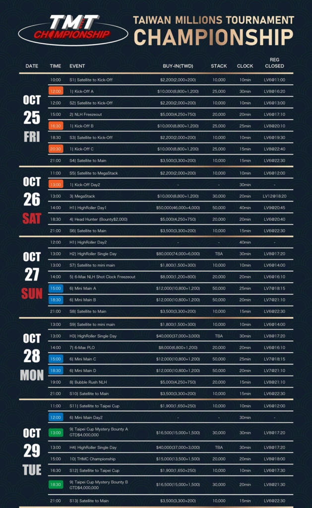 10/25~11/4 대만 아시아 포커 아레나에서 열리는 TMT 챔피언십