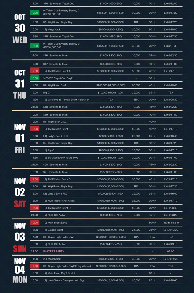10/25~11/4 대만 아시아 포커 아레나에서 열리는 TMT 챔피언십
