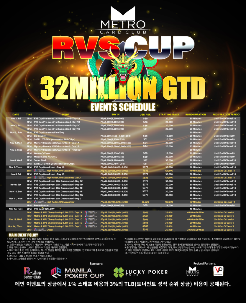 11/1~11/14 마닐라 메트로카드 클럽에서 열리는 RVS 컵 토너먼트 일정