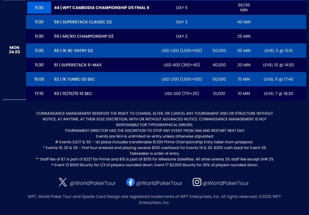 2/6~2/24 나가월드 프놈펜 일정의 WPT 캄보디아