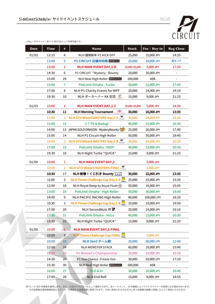 1/2~1/5 서킷(나고야, 일본) 토너먼트 일정