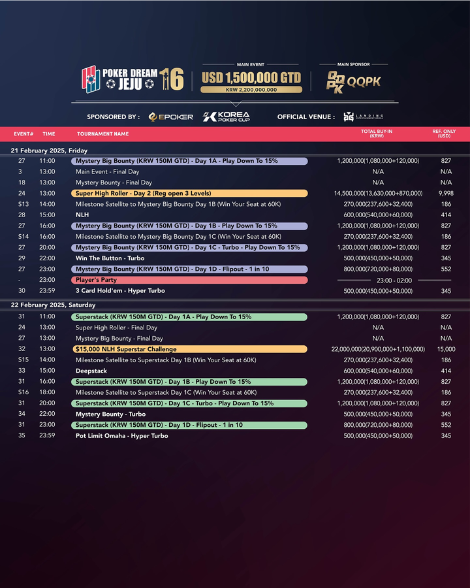 2/15~2/24 포커 드림 16 제주 일정