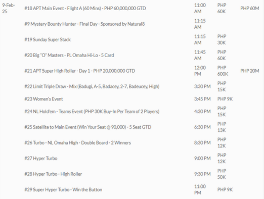 2025년 2월 7일~2월 16일 APT 마닐라 클래식, 필리핀 일정