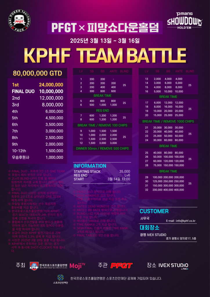3/13~3/16 PFGT X PIMANG 쇼다운 홀덤 토너먼트 일정