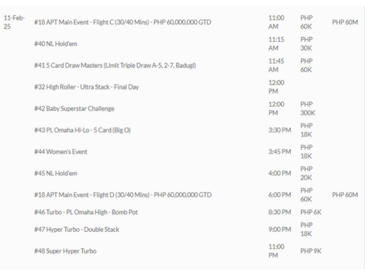 2025년 2월 7일~2월 16일 APT 마닐라 클래식, 필리핀 일정