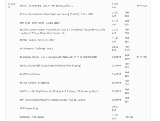 2025년 2월 7일~2월 16일 APT 마닐라 클래식, 필리핀 일정
