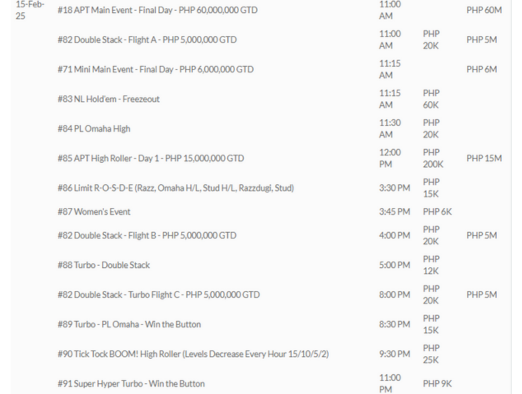 2025년 2월 7일~2월 16일 APT 마닐라 클래식, 필리핀 일정