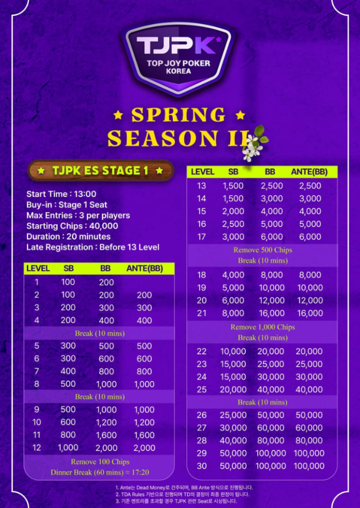 4월 6일부터 5월 31일까지 TJPK 봄 시즌 2 토너먼트 일정