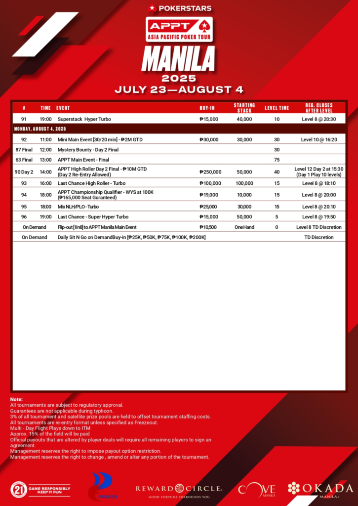 7월 23일 ~ 8월 4일 APPT 마닐라 ₱5백만 보장 (GTD)