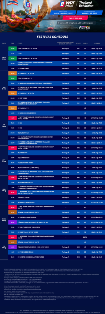 7월 30일 ~ 8월 5일 WPT 프라임 태국 엑스비션 챔피언십 총상금 보장 3,700만 바트