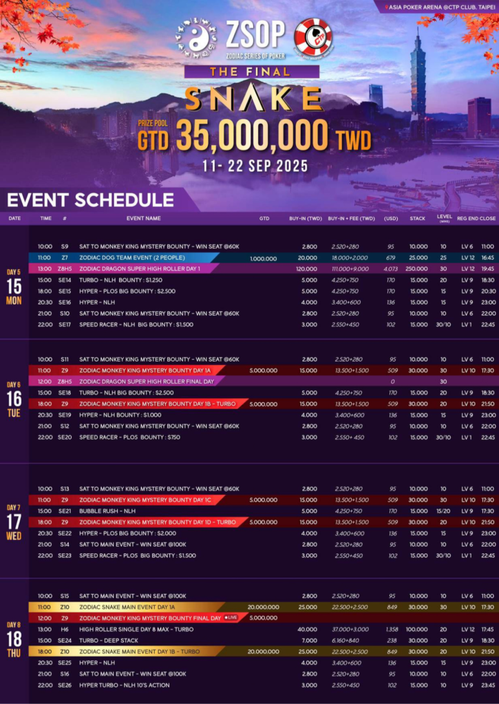 9월 11일 ~ 9월 22일 ZSOP 더 파이널 스네이크 보장 상금 NT$3,500만