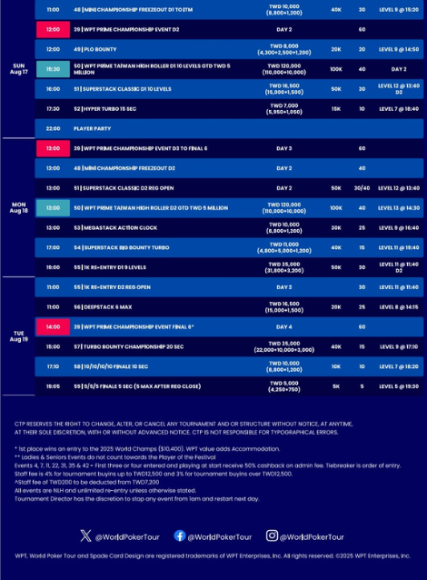 8월 6일 ~ 8월 19일 WPT 프라임 타이완 일정