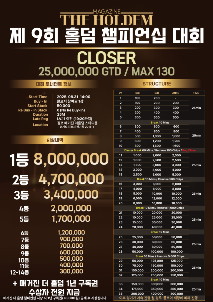 8월 30일 ~ 8월 31일 매거진 더 홀덤 제9회 홀덤 챔피언십 토너먼트 일정