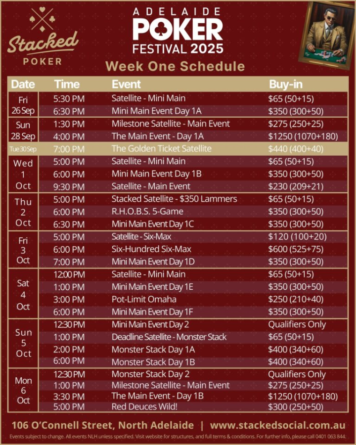10월 1일~10월 13일 스택드 포커 주최 애들레이드 포커 페스티벌