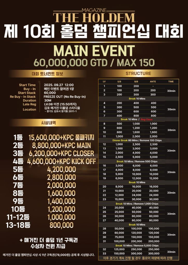 9월 27일~9월 28일 매거진 더 홀덤 제10회 홀덤 챔피언십 토너먼트