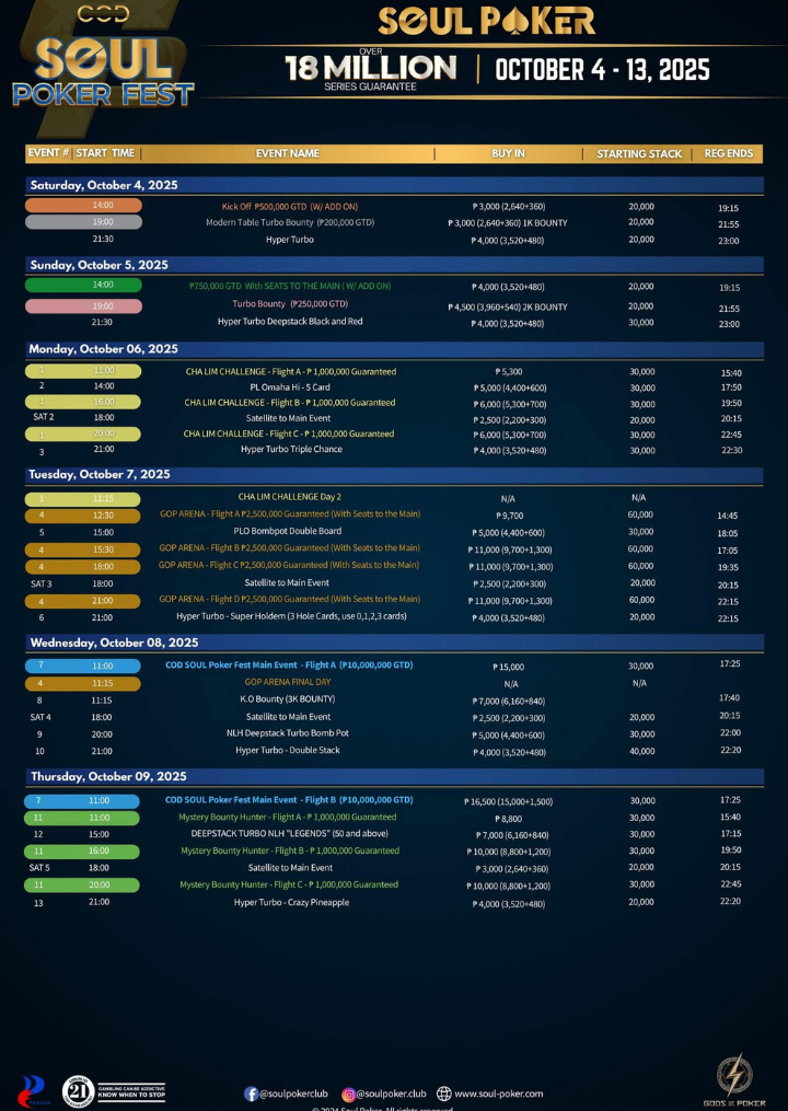 10/4~10/13 시티 오브 드림즈 마닐라에서 열리는 COD 소울 포커 페스트 일정