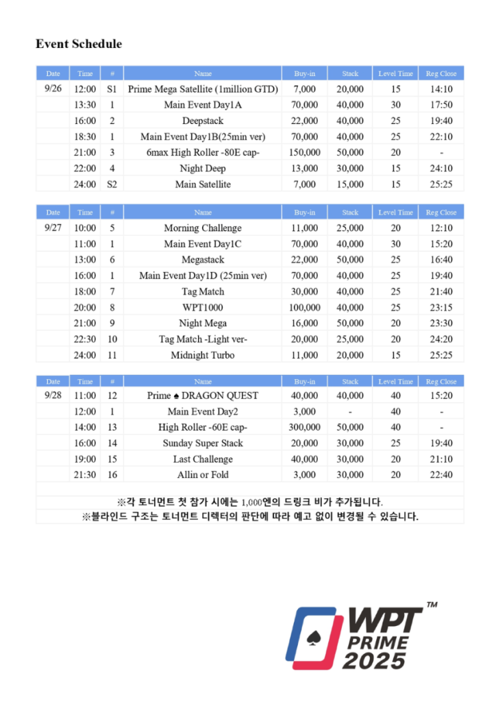 9월 26일 ~ 9월 29일 WPT 프라임 도쿄 메인 이벤트 ¥25M 보장