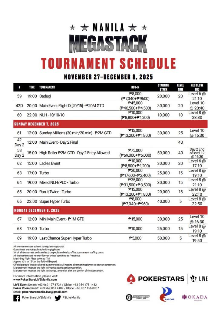 2025년 11월 27일 ~ 12월 8일 포커스타즈 라이브 마닐라 메가스택 23