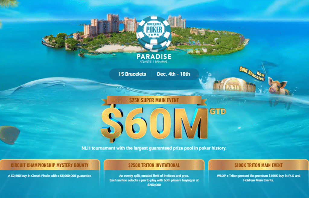 12월 4일~12월 18일 WSOP 파라다이스 2025 슈퍼 메인 이벤트 총상금 6천만 달러 보장