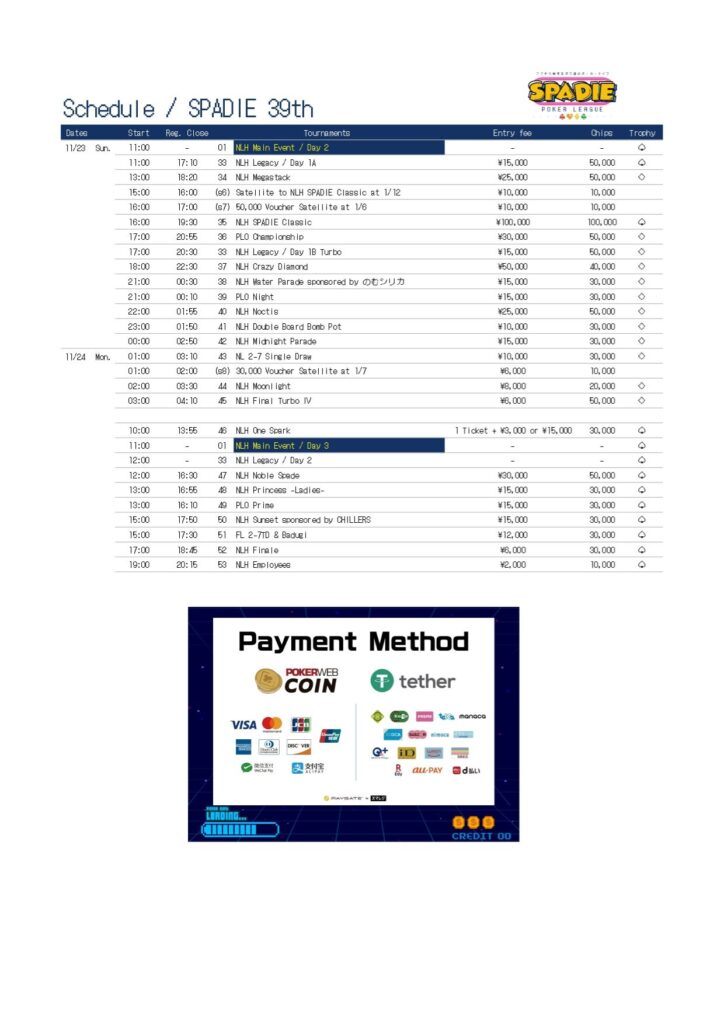 11/20~11/24 SPADIE 39회 메인 이벤트, ¥1,000만 이상 보장