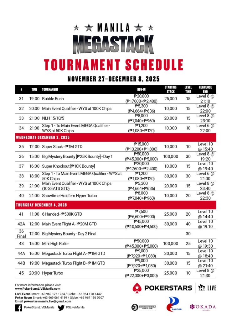 11/27~12/8 포커스타즈 라이브 마닐라 메가스택 23, ₱3,600만 이상 보장