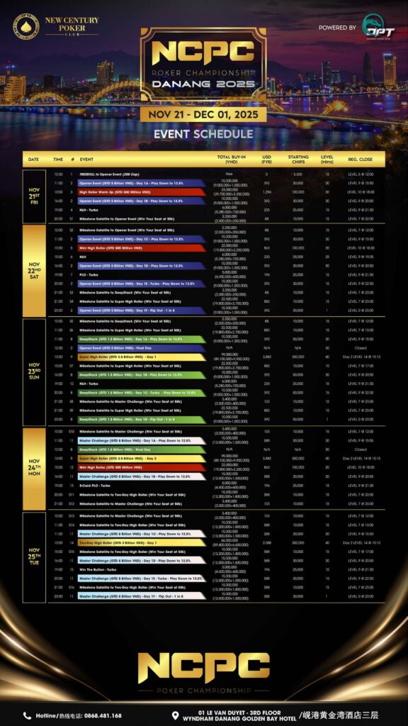 11월 21일~12월 1일 NCPC 포커 챔피언십, 보장 상금 500억 동(VND)