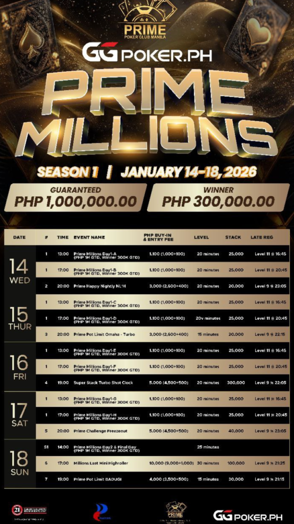 1/14~1/18 프라임 밀리언스 시즌 1 ₱100만 보장(GTD)