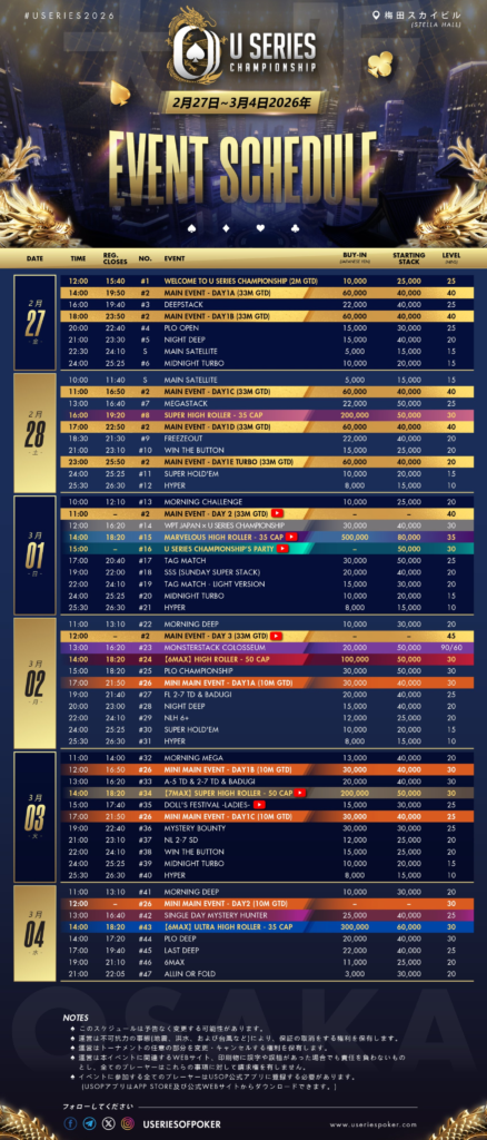 2월 27일~3월 4일 USOP 오사카 메인 이벤트 보장 상금 3,300만 엔