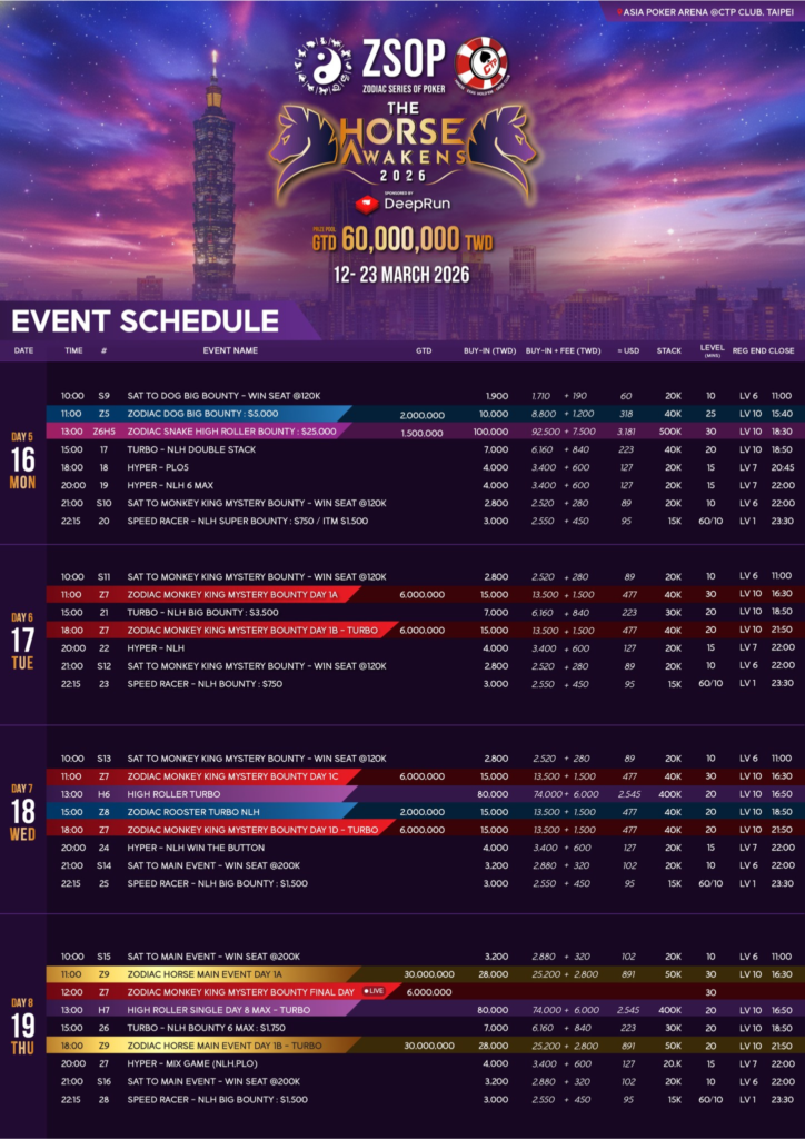 3/12~3/23 ZSOP ‘더 호스 어웨이큰즈’ 2026 총보장상금 NT$6천만