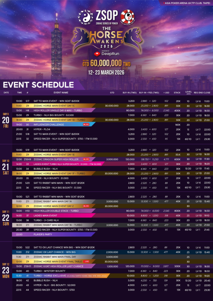 3/12~3/23 ZSOP ‘더 호스 어웨이큰즈’ 2026 총보장상금 NT$6천만